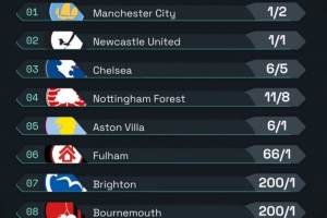 开云-英超前四赔率排名：曼城1/2居首，纽卡、切尔西二三位